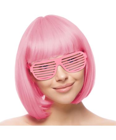 AOMIG Short Bob Wig for Women 4 Pack Short Pink Bob Wigs Set with Sunglass and Wig Cap Neon Fancy Dress Accessory Cosplay Party Wig with Bangs Synthetic Straight Wig for Daily Halloween Decorations - Buy Online on GoSupps.com