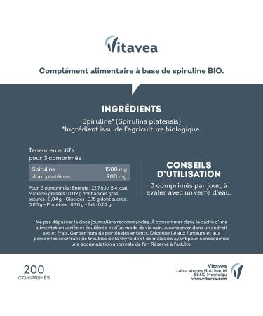 Organic Spirulina Ultra Pure 1500 mg - No Excipients Rich in Proteins Phycocyanin Iron Antioxidants - Immunity Fatigue - 200 Tablets - Vegan - Made in France Vitavea - Buy Online on GoSupps.com