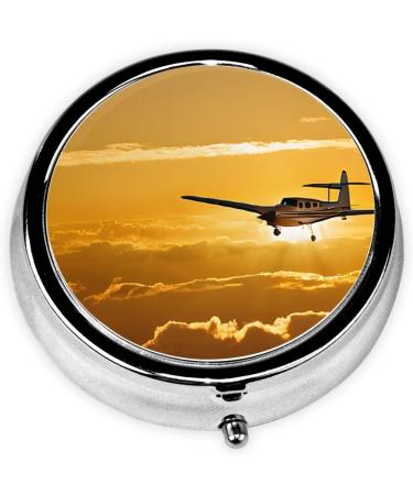 Aircraft Plane At Sunset Round Pill Box 3 Compartment Portable Travel Medicine Organizer | Mini Decorative Vitamin Holder - Buy Online on GoSupps.com