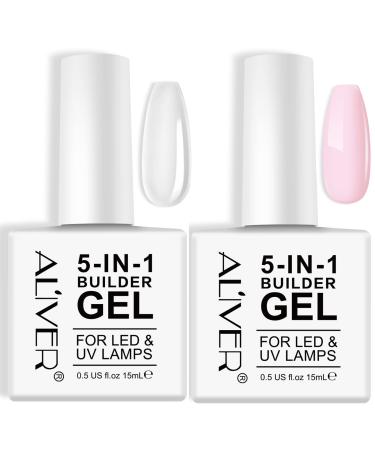 RSGRT Builder Gel for Nails 5 in 1 Gel Builder for Nails Strengthener UV/LED Nail Polish Gel for Nail Art Decoration Professional Manicure False Nail Builder Gel (Clear+Pink)