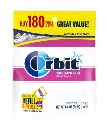 ORBIT Bubblemint Sugarfree Gum, 8.8-Ounce Resealable Bag, 180 Pieces Bag Only
