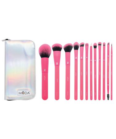 MODA Totally Electric 13pc Full Face Makeup Brush Set Includes - Powder Complexion Blush Shader Smudger & Crease Brushes (Neon Pink)