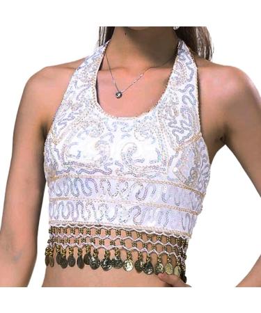 GRAEEN Women Sequin Crop Top Belly Dance Bra Top Coin Talter Tank Top Costume Sequin Tassel Top One Size A2-white