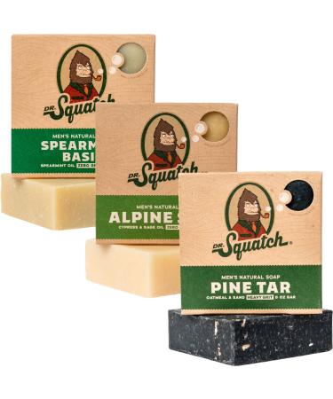Dr. Squatch All Natural Soap Bar for Men, Set of 3 Bars, Pine Tar, Alpine Sage and Spearmint Basil