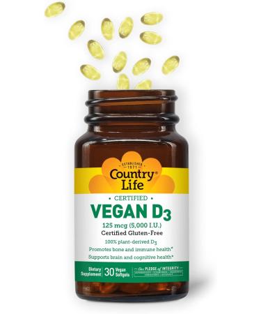 Country Life Vegan D3 5000 IU Plant-Derived Vitamin D3 from Lichen High Potency Immune & Bone Support Certified Vegan Gluten-Free Non-GMO 30 Softgels - Buy Online on GoSupps.com