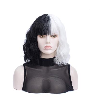 Morticia white and black wig short curly women bob wig full bang wavy texure heat -resistant synthetic short women wig (white and black)