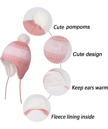 LANGZHEN Toddler Winter Hat Earflap Knit Cap, Fleece Lined Beanie for Baby Boys Girls 1-2 Years - Deer-Pink - Buy Online on GoSupps.com