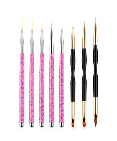 Hanyousheng 8 pieces nail brush set 3 pieces black nail art liner brush 5 pieces detail fine gel nails pink brush nail design brush nail art brush for nail art salon and home use 8 pi ces