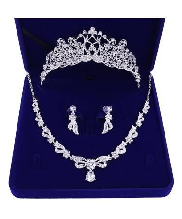 Cathercing Bridal Rhinestone Crown Tiara Crystal Necklace Earrings Set for Wedding Dress Shining Headband Hair Accessories Jewelry for Wedding Pageant Prom Princess Queen Theme Party (Peacock)
