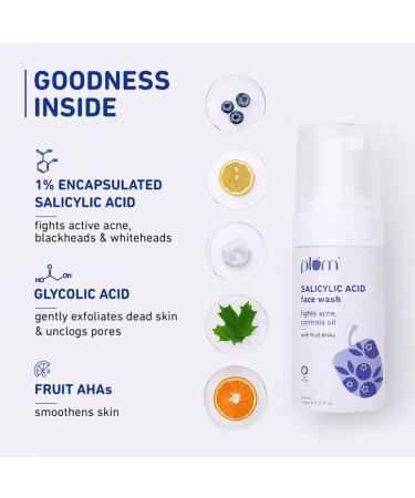 Plum 1% Salicylic Acid Foaming Face Wash - Acne & Blackhead Treatment with Glycolic Acid AHA & Blueberry Extract - Vegan & Sulphate-Free - 110ml - Buy Online on GoSupps.com