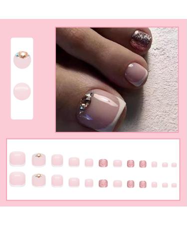 24Pcs Nude White Square False Toenails Glossy French Rhinestones Press on Toenails Shiny Stick on Toenails Short Acrylic Full Cover Summer Fake Toenails for Women and Girls Daily Decorations - Buy Online on GoSupps.com