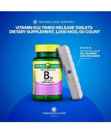 Spring Valley B12 1000 mcg Timed-Release Tablets + 7 Day Pill Organizer - 60 Count - Buy Online on GoSupps.com