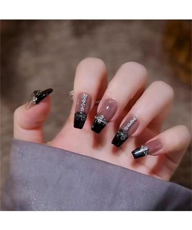Press on Nails Long Fake Nails 24Pcs Shiny Black False fingernail with Self-Adhesive Jelly Nail Glue Tabs Press On False Nails