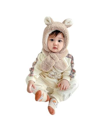 2 In 1 Baby Winter Hat Scarf Set Kids Toddler Hoodie Scarf Earflap Hat Children Thermal Balaclava Hat Neck Warmer Warm Hood Hat Fleece Lined Hat Scarves with Ears for Boys Girls 6 Months-4 Years Beige