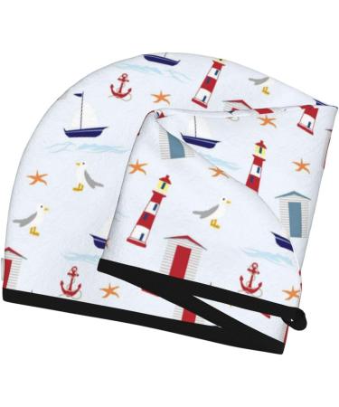 Soft Super Absorbent Nautical Lighthouse Sailboat Hair Towel Wrap for Women - Quick Dry Coral Velvet Microfiber Cap for Long Curly & Thick Hair - Buy Online on GoSupps.com