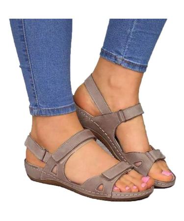 Open women's sandals high-quality orthopedic sandals women's flip-flop flops made of synthetic leather summer vintage style breathable non-slip platform shoes adjustable ankle straps (bridal gray 39 EU