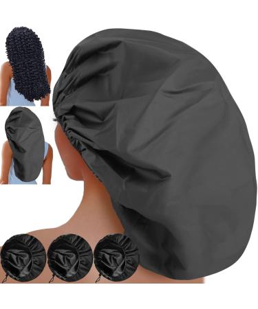 Sheomern 3 Pcs Super Jumbo Adjustable Satin Lined Shower Caps for Long Hair & Braids  Extra Large Shower Cap for Women & Men  Reusable XL Shower Cap with Waterproof Edge for Dreadlocks  Locs (Black) Black X-Large