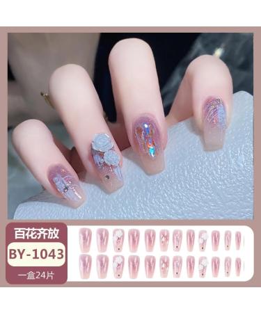 24Pcs/Set Press On Nails Long Style With Floral Diamond False Nails Acrylic Fake Nails Full Cover Nails Tips Artificial Finger Manicure Press on nails for Women and Girls - Buy Online on GoSupps.com