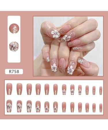 SINLOV Coffin French Camellia Flower False Nails Nude Long Medium Fake Nails Glossy Press on Nails Ballerina Acrylic Full Cover Fake Nails for Women and Girls - Buy Online on GoSupps.com
