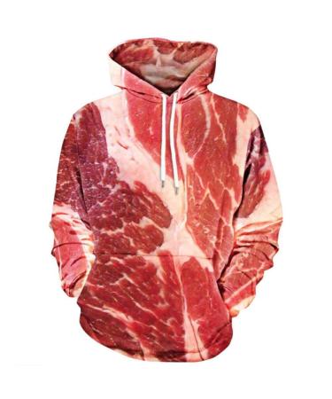 Bigfanshu Women's Fashion Unisex 3D Printed Raw Meat Pullover Long Sleeve Hooded Sweatshirt Tops Blouse Red