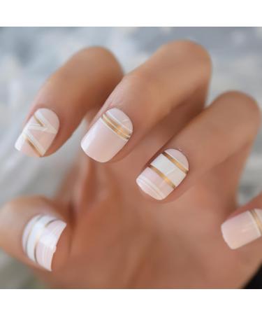 Nude Gold Line Medium Square Glossy False Nails - 24pcs | International Shipping Available - Buy Online on GoSupps.com