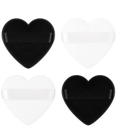 Powder Puff Start Makers 4PCs Heart Shape Makeup Puffs Soft & Reusable Velvet Make Up Puff with Strap Wet Dry Use Face Puffs for Loose Powder Foundation (4PCs-Black&White)