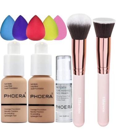 PHOERA Foundation 104 and 105 & Face Primer Liquid Full Coverage Foundation Set Foundation Brush Powder Brush 5 Makeup Sponge 30ml PHOERA 24HR Matte Oil Control Concealer (104 Buff Beige + 105 Sand)