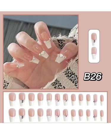 French Tip Press on Nail Long peach White Rhinestones Stick on Nail False Fake Nail with Glue for Women Girl Nail Art Press On Nails - Buy Online on GoSupps.com