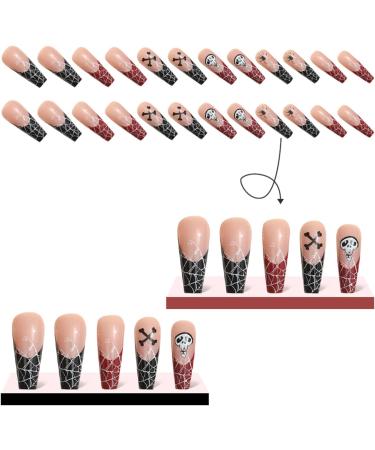 Halloween Ghost Spider Design Coffin False Nails - 24Pcs Long Ballerina Press on Nails - Black & Red Edge - Plastic Diamond Acrylic Stick on Nails for Women and Girls - Buy Online on GoSupps.com
