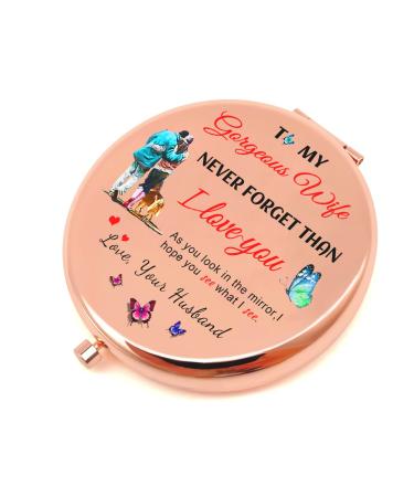 AOZHHL Cosmetic Compact Mirror Gifts for Wife  Inspirational Rose Gold Travel Makeup Mirror Romantic Gifts for Her Birthday  Wedding Anniversary  Valentines Day  Mothers Day  or Christmas (Rose Gold) Rose Gold-to My Wife