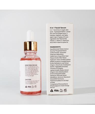 4 in 1 Facial Serum - Vitamin C 30% Hyaluronic Acid Niacinamide Vitamin E & Jojoba Oil | Anti-Aging Hydration for Glowing Skin - Buy Online on GoSupps.com