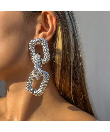 Minzaos BETHYNAS Retro Punk Thick Geometric Dangle Earrings Vintage Heavy Solid Chain Drop Earrings Statement Chain Earrings Hip Hop Jewelry for Women Girls (Silver)