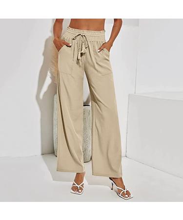 Gufesf Women's Cotton Linen Palazzo Pants with Pockets - Dressy Wide Leg Trousers in Summer Khaki (Medium) - Buy Online on GoSupps.com
