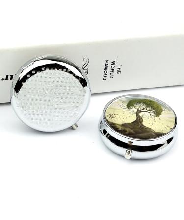 Round Pill Box with Trees Print - 3 Compartment Medicine Organizer - Decorative Metal Portable Pill Case | Style-18 - Buy Online on GoSupps.com