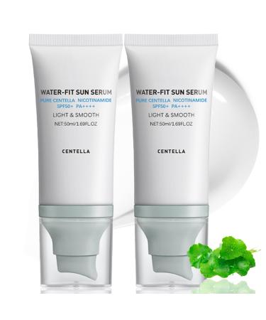 2 Pcs Sunscreen SPF50 PA++++, 50ML Cen-tella Madagascar Face Sun Screen Long-Lasting Protection, Hyalu Cica Water-Fit Sun Serum Matte No White Cast for All Skin Type and UV Defense 1.7 Ounce (Pack of 2)