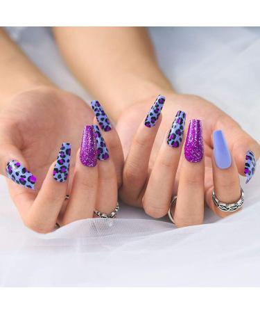 Sethexy Long Purple Ballerina False Nails - Leopard Sparkle Acrylic Nail Tips (24pcs) for Women & Girls - Buy Online on GoSupps.com