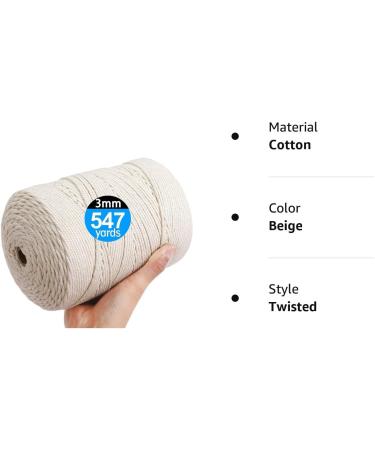 100% Natural Cotton Macrame Cord 3mm x 547yd - 4 Strand Twisted Rope for Handmade Crafts, Plant Hangers & Wall Hangings | AIFUN Macrame Cord 500m - Buy Online on GoSupps.com