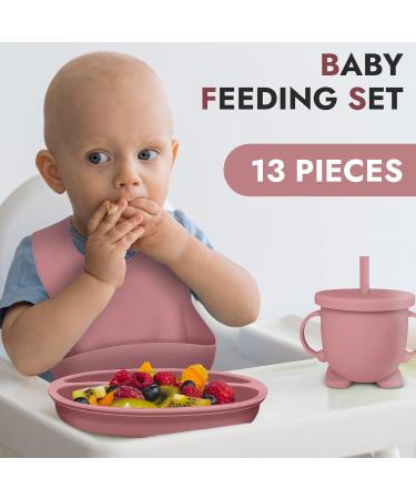 13-Piece EZIO'S Baby Weaning Set - Silicone Feeding Set for Suction Baby Plate, Fruit Feeder, Baby Bowls, Food Plate Kit with Lid, Cup, Bib, Fork, Spoon - Dark Pink - Buy Online on GoSupps.com