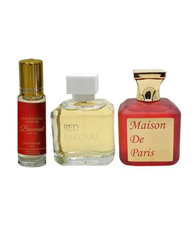 Maison De Paris Extrait De Parfum 3.4oz + Red Baccara 3.4oz + Bacarrat Rogue 540 Roll On Body Oil unisex (12ml) (Pack of 3) (inspired by BACARRAT ROGUE 540)