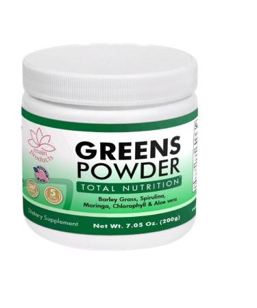 Main Products Greens Powder Total Nutrition Net Wt 7.05 Oz (200g) Barley Grass Spirulina Moringa Chlorophyll and Aloe Vera.