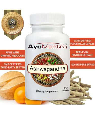 AyuMantra Organic Ashwagandha Tablets (Withania Somnifera) with Black Pepper extracts - 90 Tablets 1000 mg - Buy Online on GoSupps.com