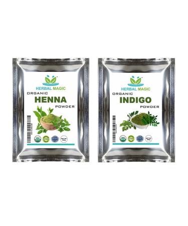 Herbal Magic Organic Henna Powder(200g) + Organic Indigo Powder (200g) for Hair Dye USDA Chemical Free Hair Coloring Natural Hair Mask Combo Pack Premium Quality 100 g (Pack of 4)