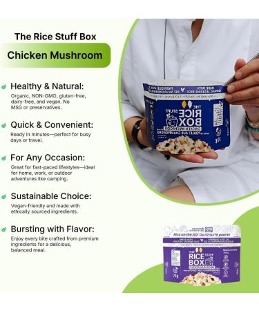 The Rice Stuff Box - Instant Rice Meals 6-Pack Chicken Mushroom Made with Organic Jasmine Rice NON-GMO Gluten-Free Dairy-Free Vegan No Preservatives No Added MSG No Added Colors - Healthy Quick & Easy Meal for Busy Lifestyles (6 Chicken Mushroom) Chicken  - Buy Online on GoSupps.com