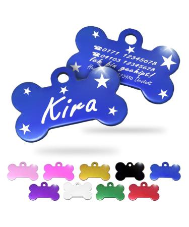Ibera Gifts - personalized pendants for medium -sized to large to large dogs and cats in bone shape - engraving dog brand collar dog neck band Name Dog (blue stars) stars blue