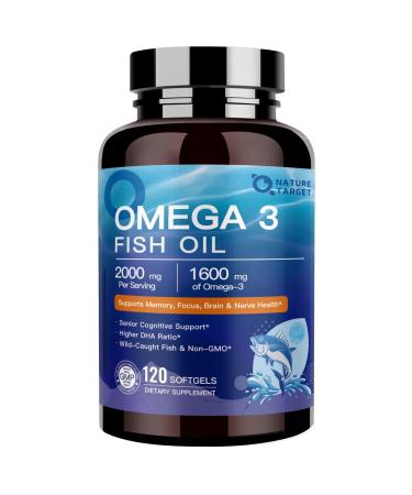 NATURE TARGET Omega 3 Fish Oil 1600mg High-Purity Omega 3 EPA DHA with PS & CoQ10 Fish Oil Supplements for Heart Health Brain Function & Memory Advanced Absorption Non-GMO 120 Softgels 120 Count (Pack of 1)