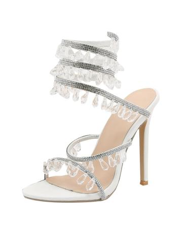 XTZYGLFD Summer Luxury Rhinestone Ankle Wrap Women Stiletto Heel Sandals Strap Heels For Women Sandals White 4.5 UK Narrow
