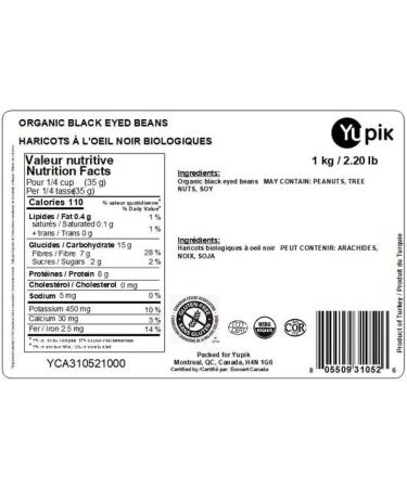 Yupik Organic Black Eyed Beans Non-GMO Vegan Gluten-Free 1 Kg 1 kg (Pack of 1) - Buy Online on GoSupps.com