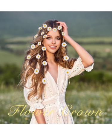 Sunflower Headband Daisy Hair Accessories Flower Crown Sunflowers Hair Beach Boho Hairband Adjustable Tassel Hair Wreath Flowers Hair Bands Women Cosplay Costume (White) - Buy Online on GoSupps.com
