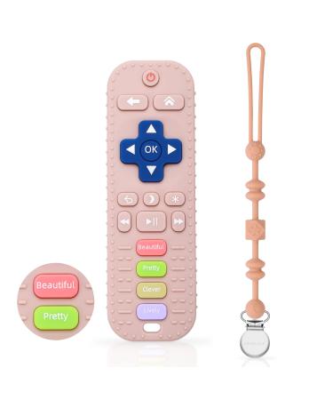 TV Remote Control Shape Silicone Toddler Teething Toys for Babies 0-24 Months Baby Teether Toys and Pacifier Clip  Boys Girls Baby Chew Toys (Pink)