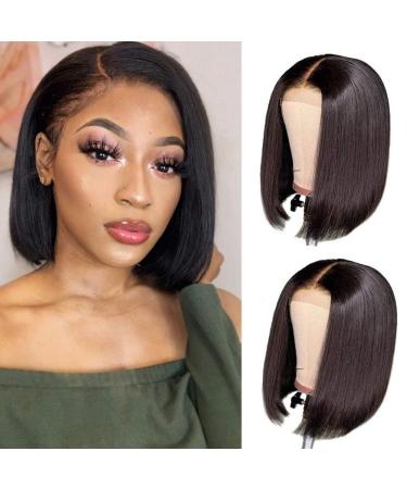 Brazilian Virgin Straight Bob Lace Front Human Hair Wigs for Black Women Glueless Pre Plucked with Baby Hair Short Bob Straight 4x4 Lace Closure Wig (8 inch, 150% Density) 8 Inch (Pack of 1) Bob Straight 4X4 Lace Wig
